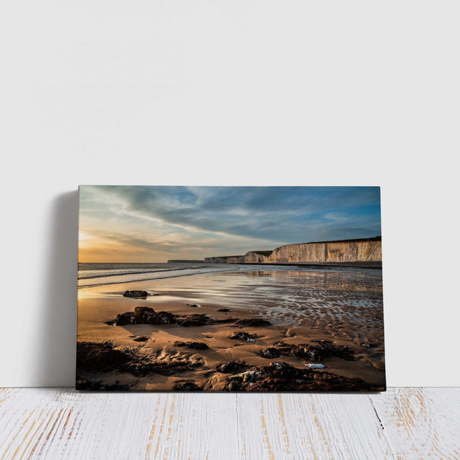 Sun setting over the White Cliffs on the English Coast. Canvas Picture. Wall decor for home or office. Ideal gift birthday present