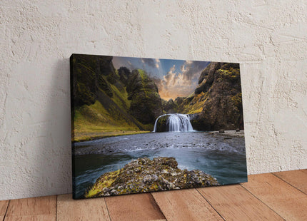 Waterfall canvas picture Iceland at sunset Framed Print Wall decor for home or office. Ideal gift or birthday present.