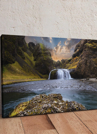 Waterfall canvas picture Iceland at sunset Framed Print Wall decor for home or office. Ideal gift or birthday present.