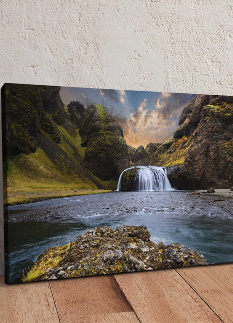 Waterfall canvas picture Iceland at sunset Framed Print Wall decor for home or office. Ideal gift or birthday present.