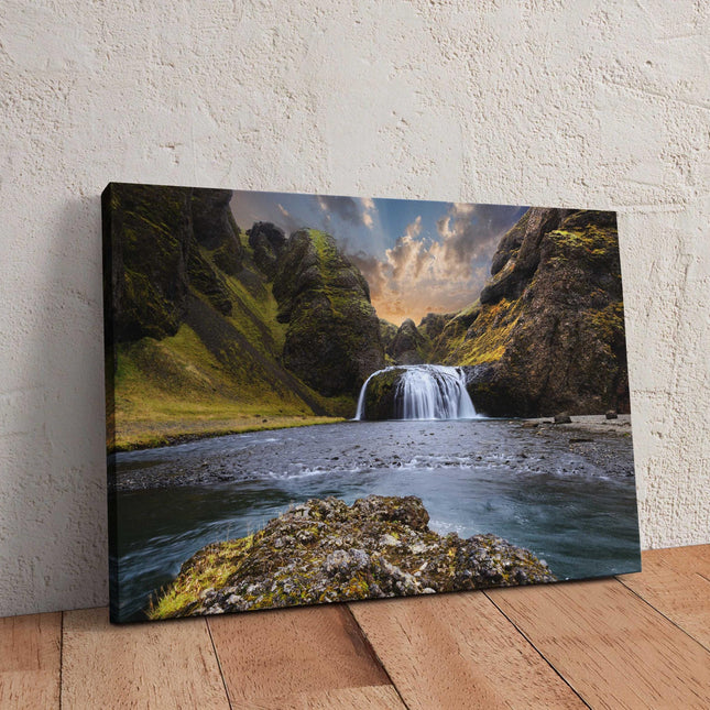 Waterfall canvas picture Iceland at sunset Framed Print Wall decor for home or office. Ideal gift or birthday present.