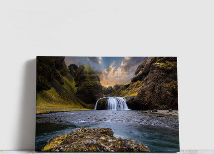 Waterfall canvas picture Iceland at sunset Framed Print Wall decor for home or office. Ideal gift or birthday present.