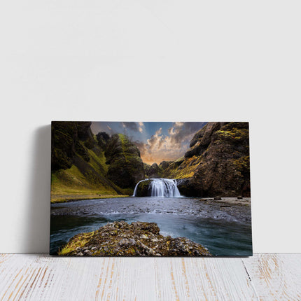 Waterfall canvas picture Iceland at sunset Framed Print Wall decor for home or office. Ideal gift or birthday present.