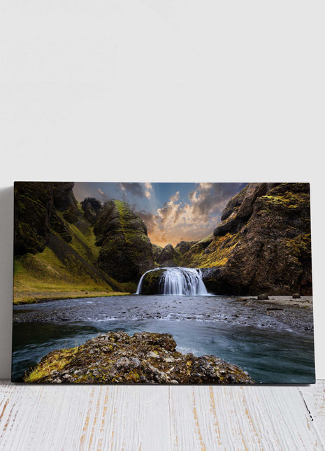 Waterfall canvas picture Iceland at sunset Framed Print Wall decor for home or office. Ideal gift or birthday present.