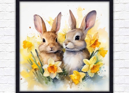 Easter bunnies and Daffodils. Framed wall art picture print. A choice of frames and sizes square