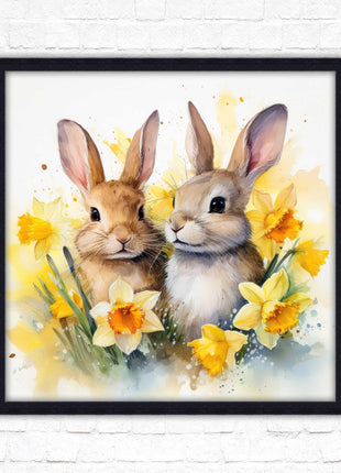 Easter bunnies and Daffodils. Framed wall art picture print. A choice of frames and sizes square