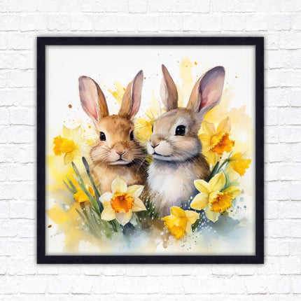 Easter bunnies and Daffodils. Framed wall art picture print. A choice of frames and sizes square