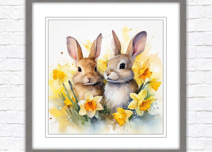Easter bunnies and Daffodils. Framed wall art picture print. A choice of frames and sizes square