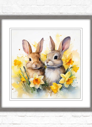 Easter bunnies and Daffodils. Framed wall art picture print. A choice of frames and sizes square