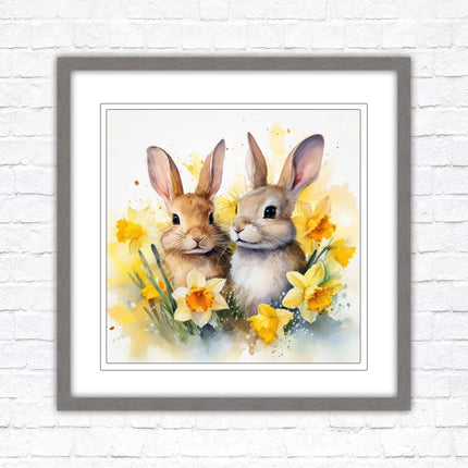 Easter bunnies and Daffodils. Framed wall art picture print. A choice of frames and sizes square