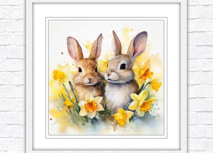 Easter bunnies and Daffodils. Framed wall art picture print. A choice of frames and sizes square