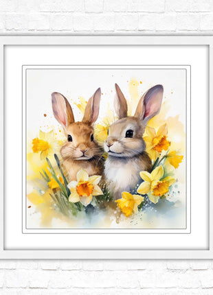 Easter bunnies and Daffodils. Framed wall art picture print. A choice of frames and sizes square