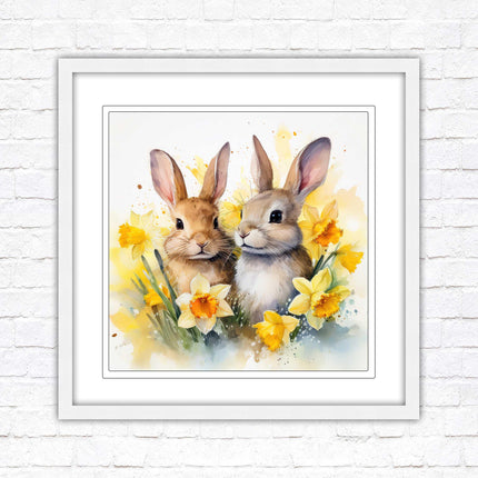 Easter bunnies and Daffodils. Framed wall art picture print. A choice of frames and sizes square