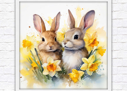 Easter bunnies and Daffodils. Framed wall art picture print. A choice of frames and sizes square
