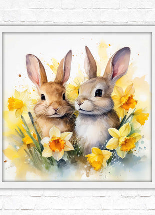 Easter bunnies and Daffodils. Framed wall art picture print. A choice of frames and sizes square