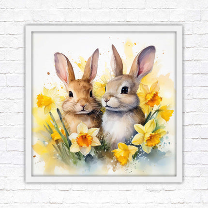 Easter bunnies and Daffodils. Framed wall art picture print. A choice of frames and sizes square