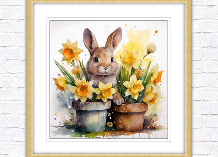 Easter bunny and Daffodils. Framed wall art picture print. A choice of frames and sizes square