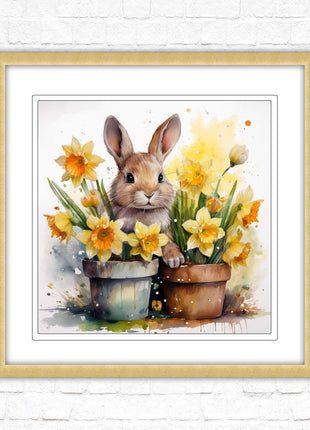 Easter bunny and Daffodils. Framed wall art picture print. A choice of frames and sizes square