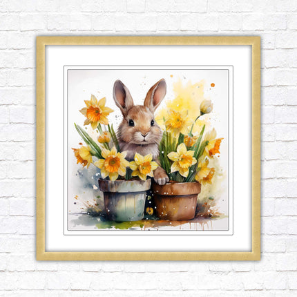 Easter bunny and Daffodils. Framed wall art picture print. A choice of frames and sizes square