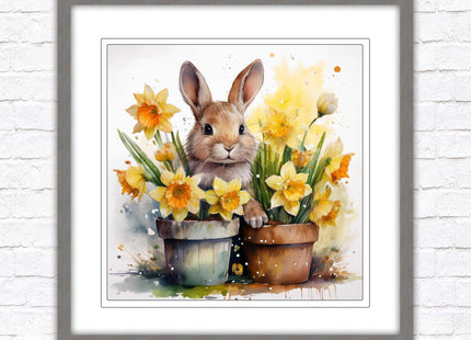 Easter bunny and Daffodils. Framed wall art picture print. A choice of frames and sizes square