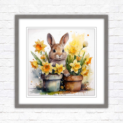 Easter bunny and Daffodils. Framed wall art picture print. A choice of frames and sizes square