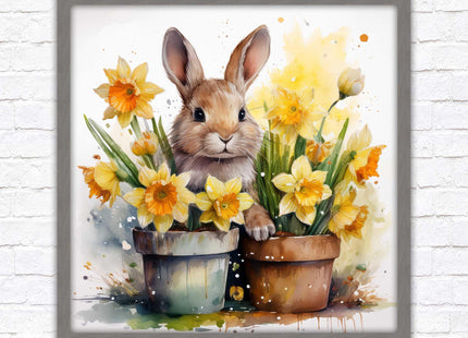 Easter bunny and Daffodils. Framed wall art picture print. A choice of frames and sizes square