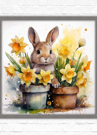 Easter bunny and Daffodils. Framed wall art picture print. A choice of frames and sizes square