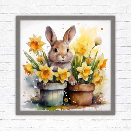 Easter bunny and Daffodils. Framed wall art picture print. A choice of frames and sizes square