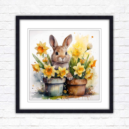 Easter bunny and Daffodils. Framed wall art picture print. A choice of frames and sizes square