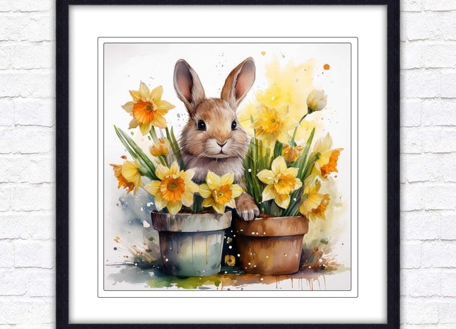 Easter bunny and Daffodils. Framed wall art picture print. A choice of frames and sizes square