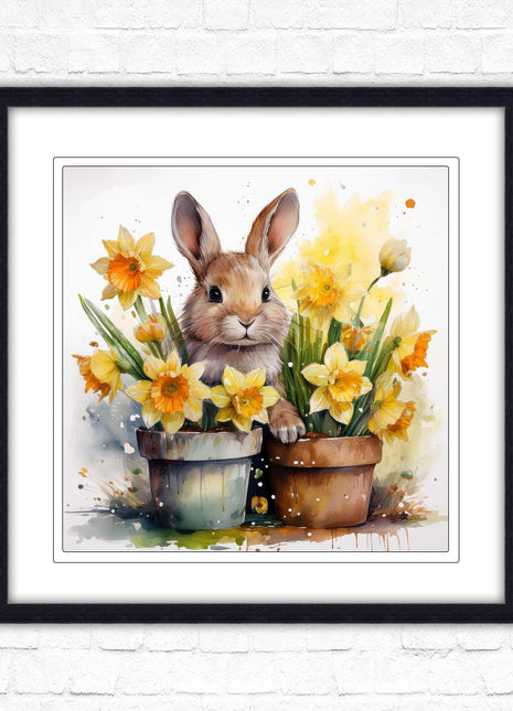 Easter bunny and Daffodils. Framed wall art picture print. A choice of frames and sizes square