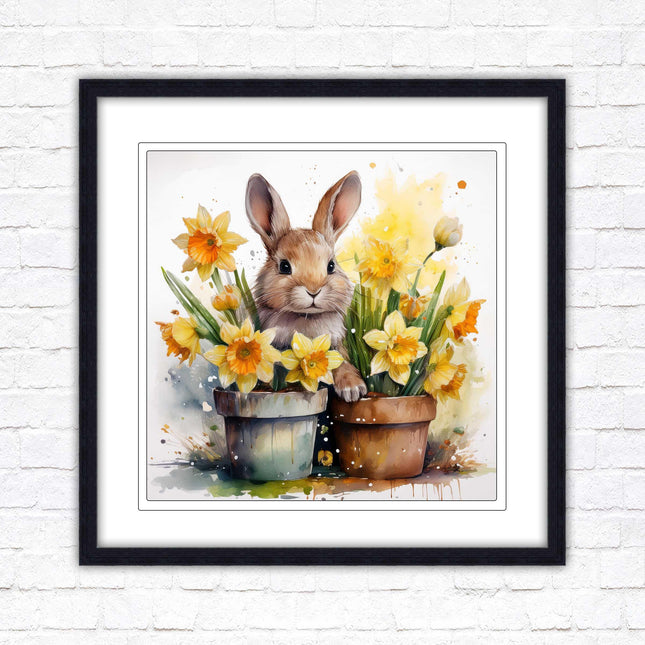 Easter bunny and Daffodils. Framed wall art picture print. A choice of frames and sizes square