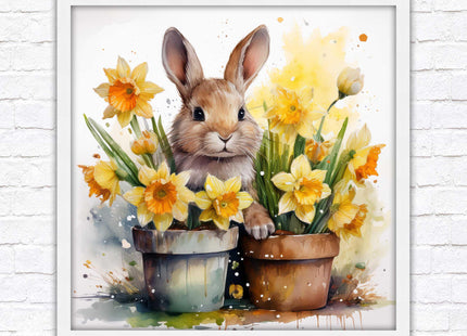 Easter bunny and Daffodils. Framed wall art picture print. A choice of frames and sizes square