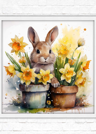 Easter bunny and Daffodils. Framed wall art picture print. A choice of frames and sizes square