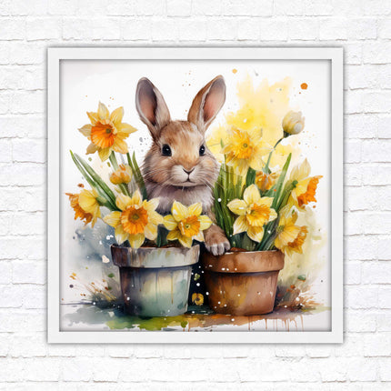 Easter bunny and Daffodils. Framed wall art picture print. A choice of frames and sizes square