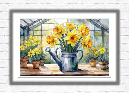 Daffodils in rustic watering can. Framed picture with choice of frame colours frame included