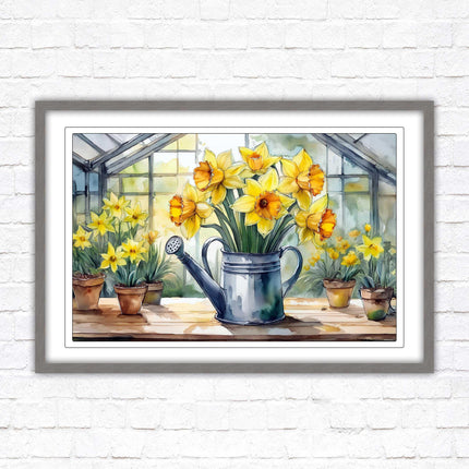 Daffodils in rustic watering can. Framed picture with choice of frame colours frame included
