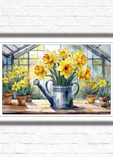 Daffodils in rustic watering can. Framed picture with choice of frame colours frame included