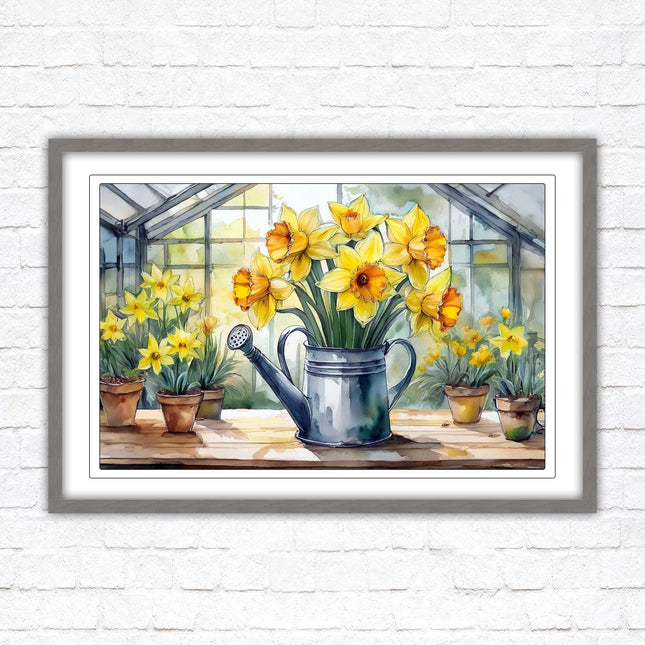Daffodils in rustic watering can. Framed picture with choice of frame colours frame included
