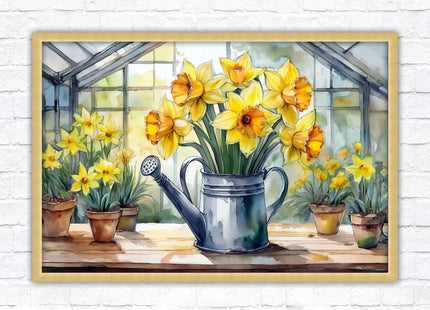Daffodils in rustic watering can. Framed picture with choice of frame colours frame included