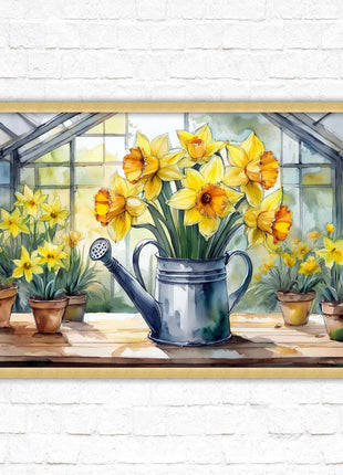 Daffodils in rustic watering can. Framed picture with choice of frame colours frame included