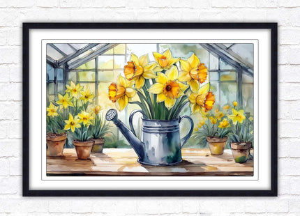 Daffodils in rustic watering can. Framed picture with choice of frame colours frame included