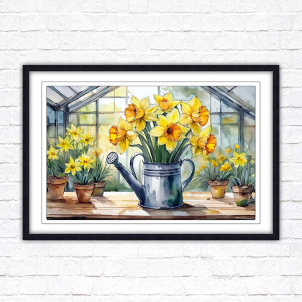 Daffodils in rustic watering can. Framed picture with choice of frame colours frame included