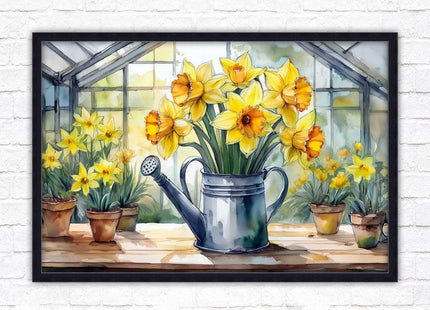 Daffodils in rustic watering can. Framed picture with choice of frame colours frame included
