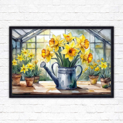 Daffodils in rustic watering can. Framed picture with choice of frame colours frame included