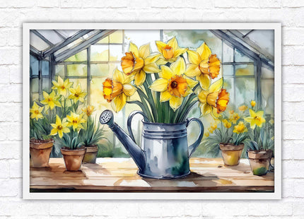 Daffodils in rustic watering can. Framed picture with choice of frame colours frame included