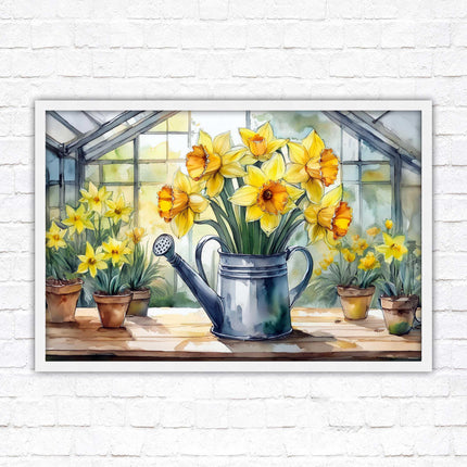 Daffodils in rustic watering can. Framed picture with choice of frame colours frame included