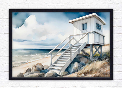 Lifeguard hut on the beach. Framed picture print. Watercolour wall art.