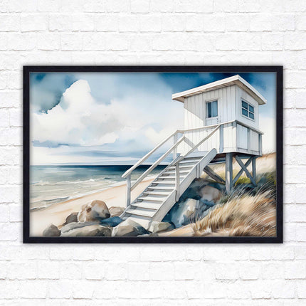 Lifeguard hut on the beach. Framed picture print. Watercolour wall art.