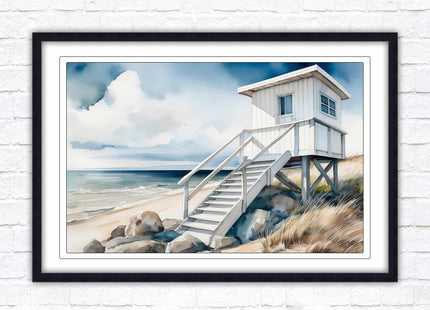 Lifeguard hut on the beach. Framed picture print. Watercolour wall art.